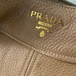 Prada Two Way Purse Handbag Vitello Pebbled Leather Caramel